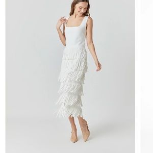 White long fringe square neck dress.